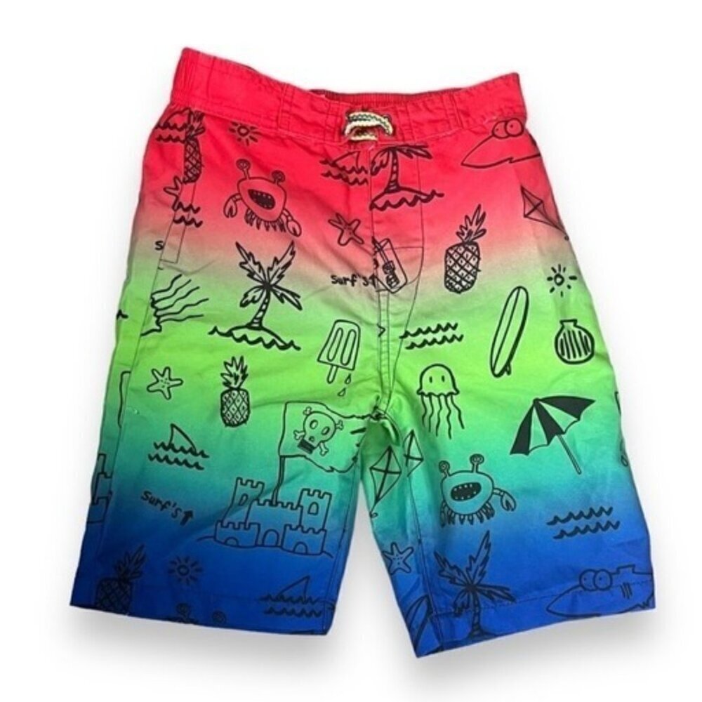Appaman Boys 8 Swim Shorts Tie Dye Red Green Blue Underwater Pirate Print